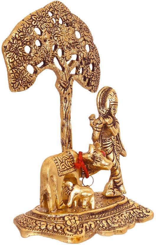 Lord Krishna Playing Flute Under Tree with Golden Cow & Calf Showpiece – Elegant Aluminium Decor for Home & Office