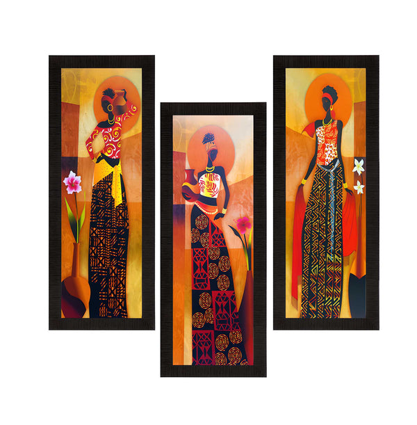 Tribal Grace – Set of 3 UV Art Paintings of Village Ladies with Satin Matt Texture