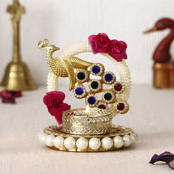 Royal Peacock Elegance – Handcrafted Metal Tea Light Holder with Stones