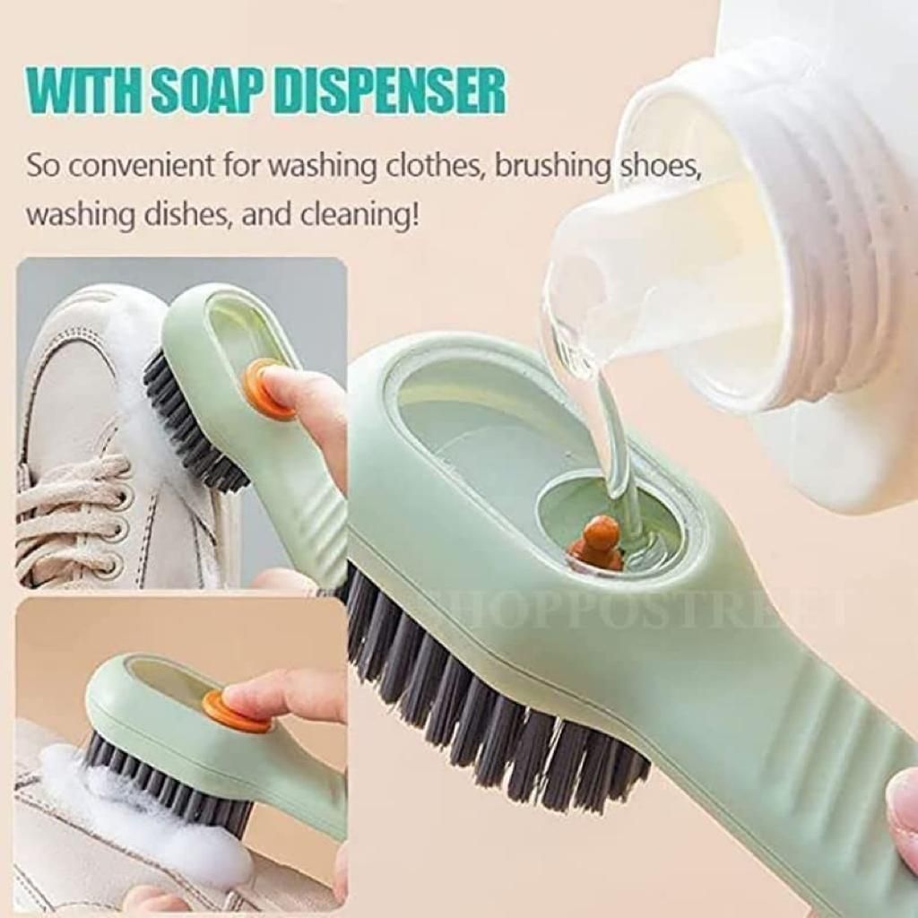 Soap Dispensing Cleaning Brush with Handle - Pack of 2, Reusable Scrubbing Brush for Shoes & Clothes