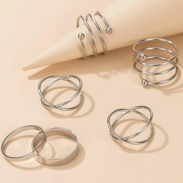 Silver Color Geometric Cross Twist Open Ring Set - Elegant Casual Accessory (6 Pcs)