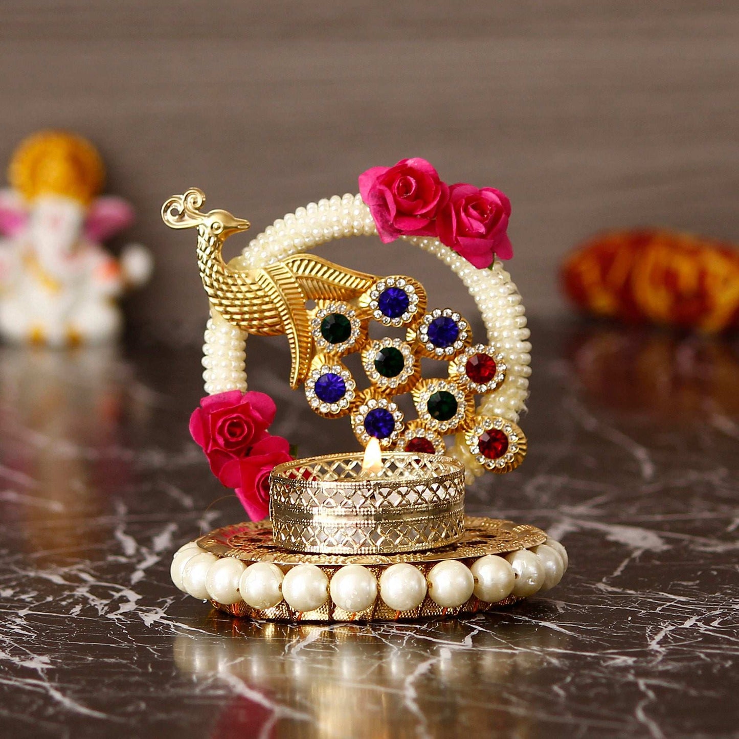 Royal Peacock Elegance – Handcrafted Metal Tea Light Holder with Stones