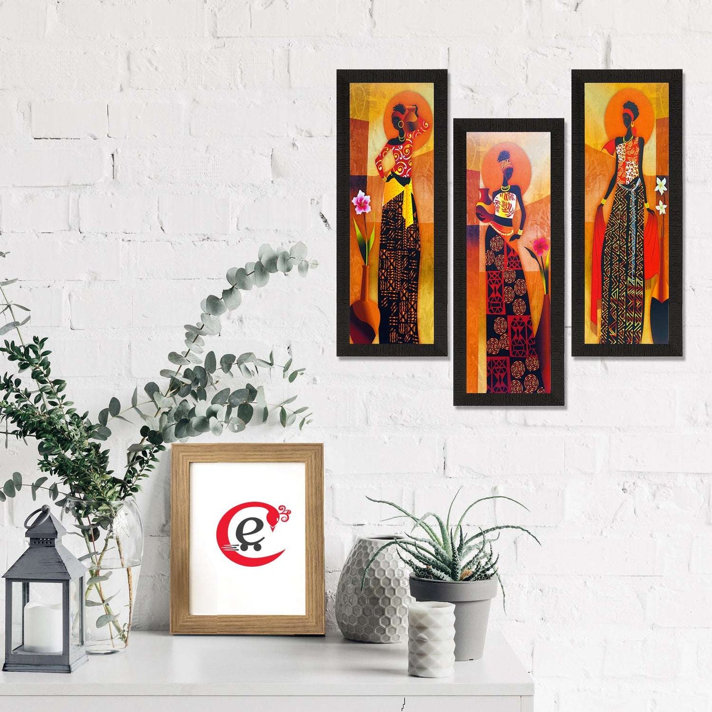 Tribal Grace – Set of 3 UV Art Paintings of Village Ladies with Satin Matt Texture