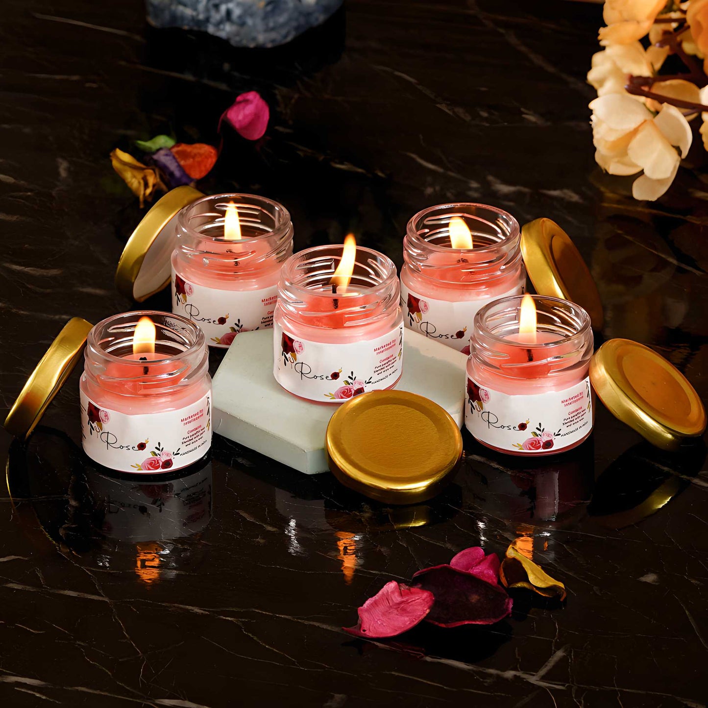 Blush Rose Glow – Set of 5 Rose Scented Mini Jar Candles