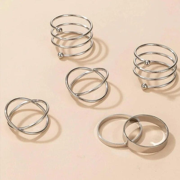 Silver Color Geometric Cross Twist Open Ring Set - Elegant Casual Accessory (6 Pcs)