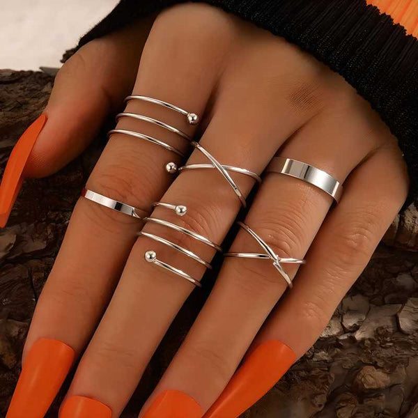 Silver Color Geometric Cross Twist Open Ring Set - Elegant Casual Accessory (6 Pcs)