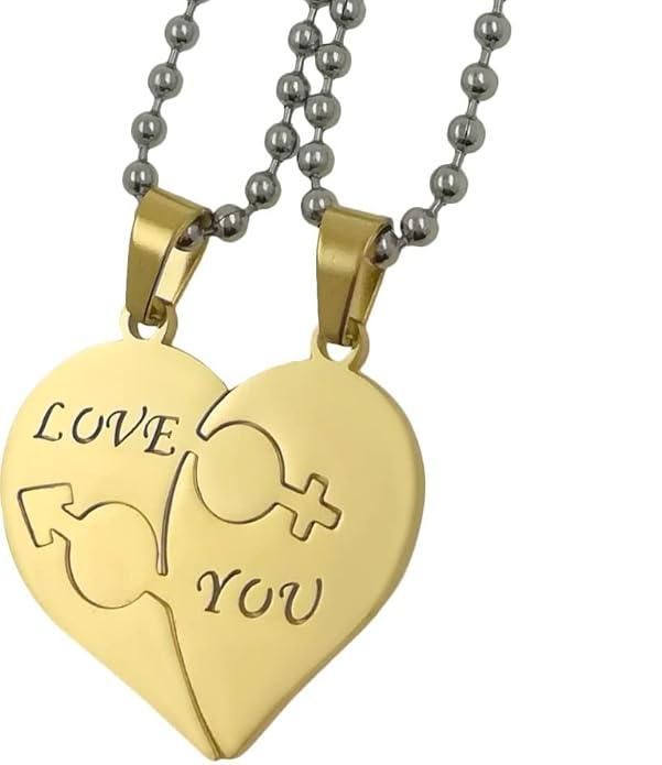 Love You Heart Shape Gold Plated Pendant Chain for Couples | Pack of 2