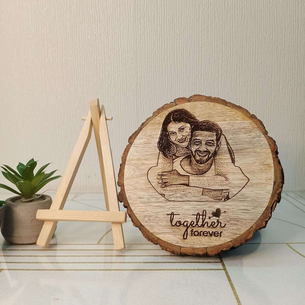Personalized Natural Wood Round Engraved Photo Frame With Bark - 6 Inch : Anniversary