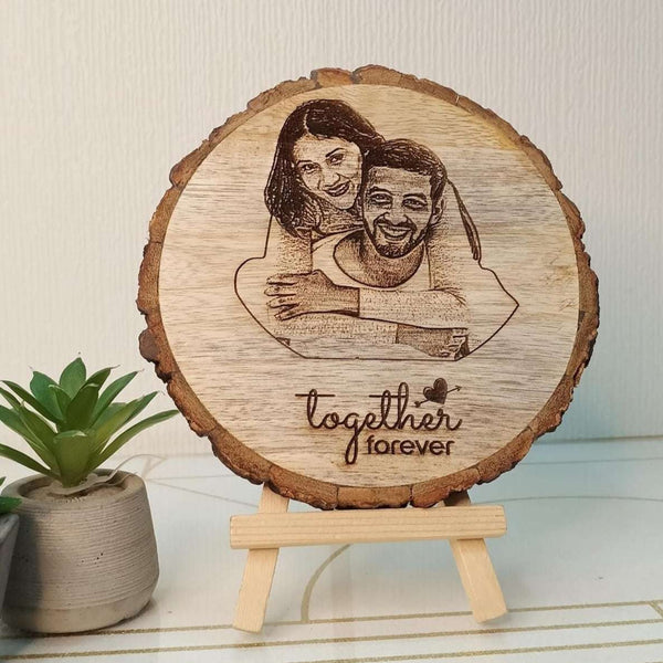 Personalized Natural Wood Round Engraved Photo Frame With Bark - 6 Inch : Anniversary