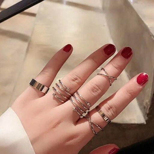 Silver Color Geometric Cross Twist Open Ring Set - Elegant Casual Accessory (6 Pcs)