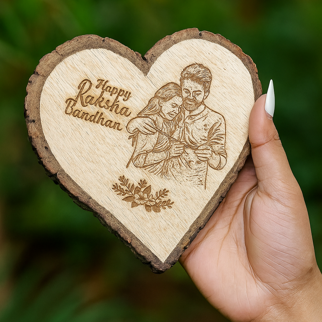 Personalized Natural Wood Heart Engraved Photo Frame With Bark - 6 Inch