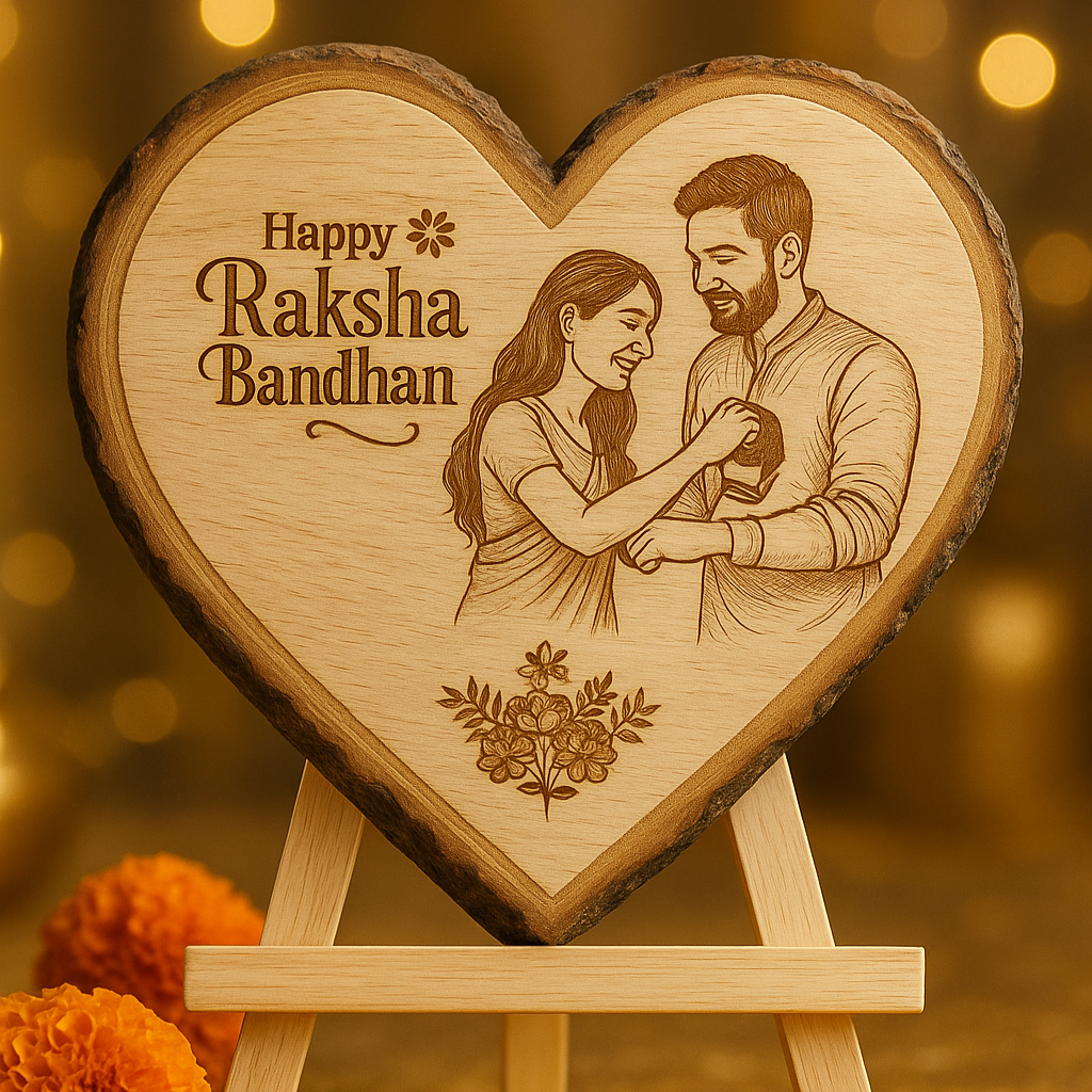 Wooden heart-shaped plaque with engraved illustration of a couple and 'Happy Raksha Bandhan' text, on a wooden stand with a blurred golden background.