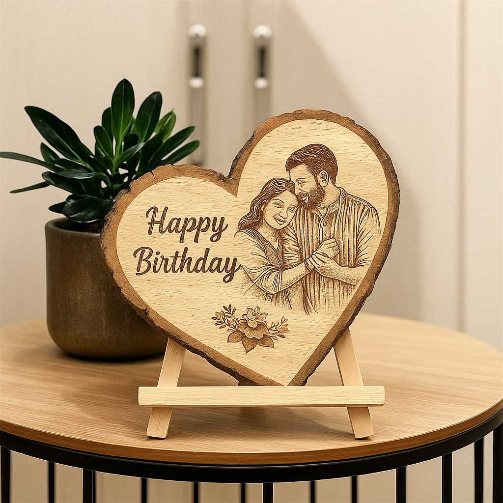 Personalized Natural Wood Heart Engraved Photo Frame With Bark - 6 Inch