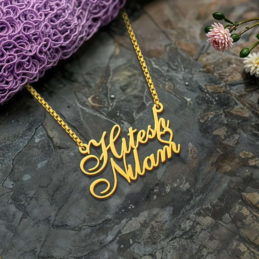 18K Gold Plated Personalised Heart Couple Name Necklace
