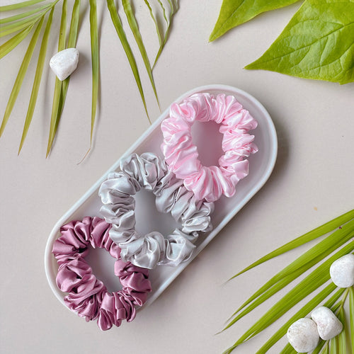 Glam Wrist Pack – Set of 3 Premium Satin Scrunchies (Rose Dust, Silver Grey & Pearl Pink)