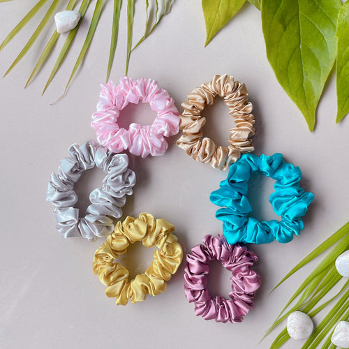 Pastel Pop Satin Scrunchies - Set of 6 (Pearl Pink, Silvery Mist, Sunshine Yellow, Rose Dust, Ocean Blue & Champagne)