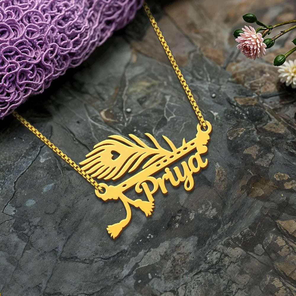 18K Gold Plated Personalised Mor Pankh Design Name Necklace