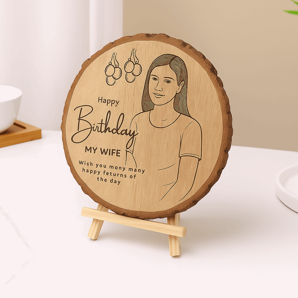 Personalized Natural Wood Round Engraved Photo Frame With Bark - 6 Inch : Anniversary