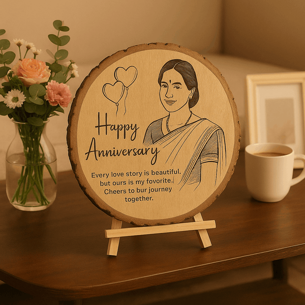 Personalized Natural Wood Round Engraved Photo Frame With Bark - 6 Inch : Anniversary