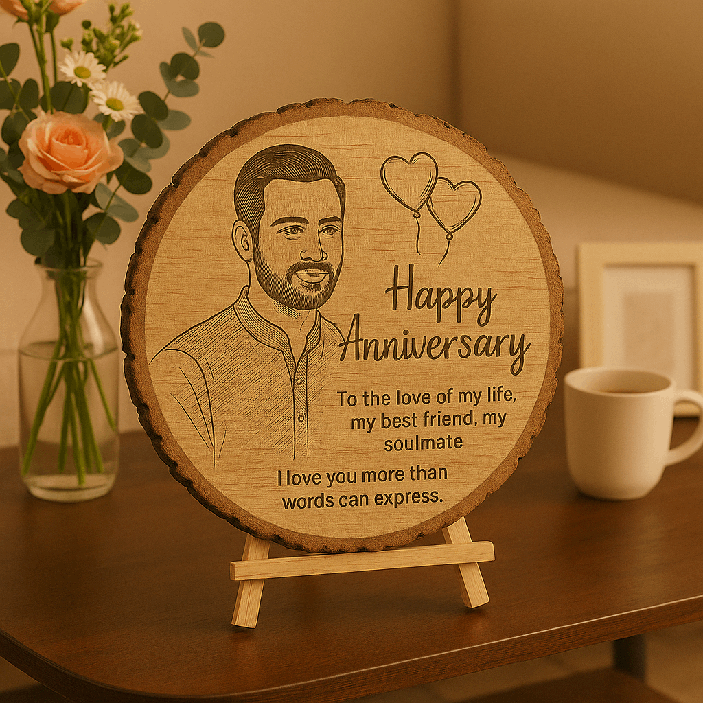 Personalized Natural Wood Round Engraved Photo Frame With Bark - 6 Inch : Anniversary