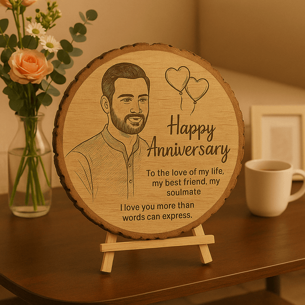 Personalized Natural Wood Round Engraved Photo Frame With Bark - 6 Inch : Anniversary