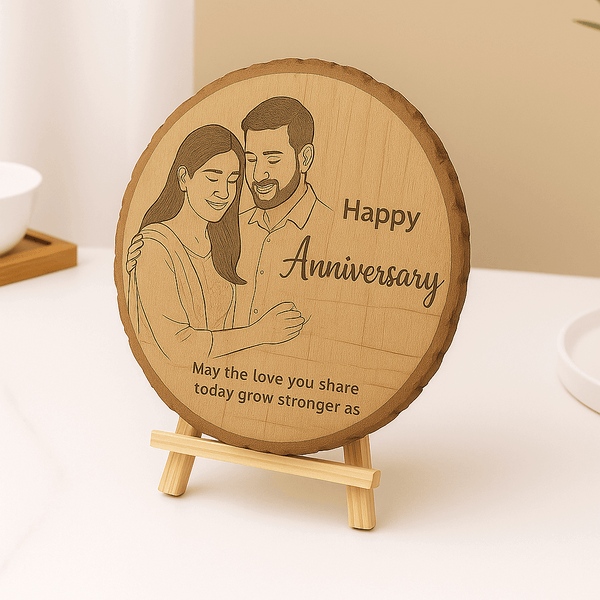 Personalized Natural Wood Round Engraved Photo Frame With Bark - 6 Inch : Anniversary