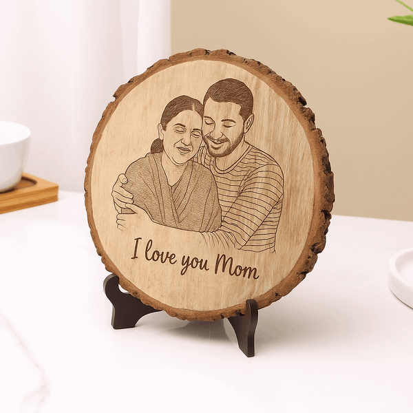 Personalized Natural Wood Round Engraved Photo Frame With Bark - 6 Inch : Anniversary