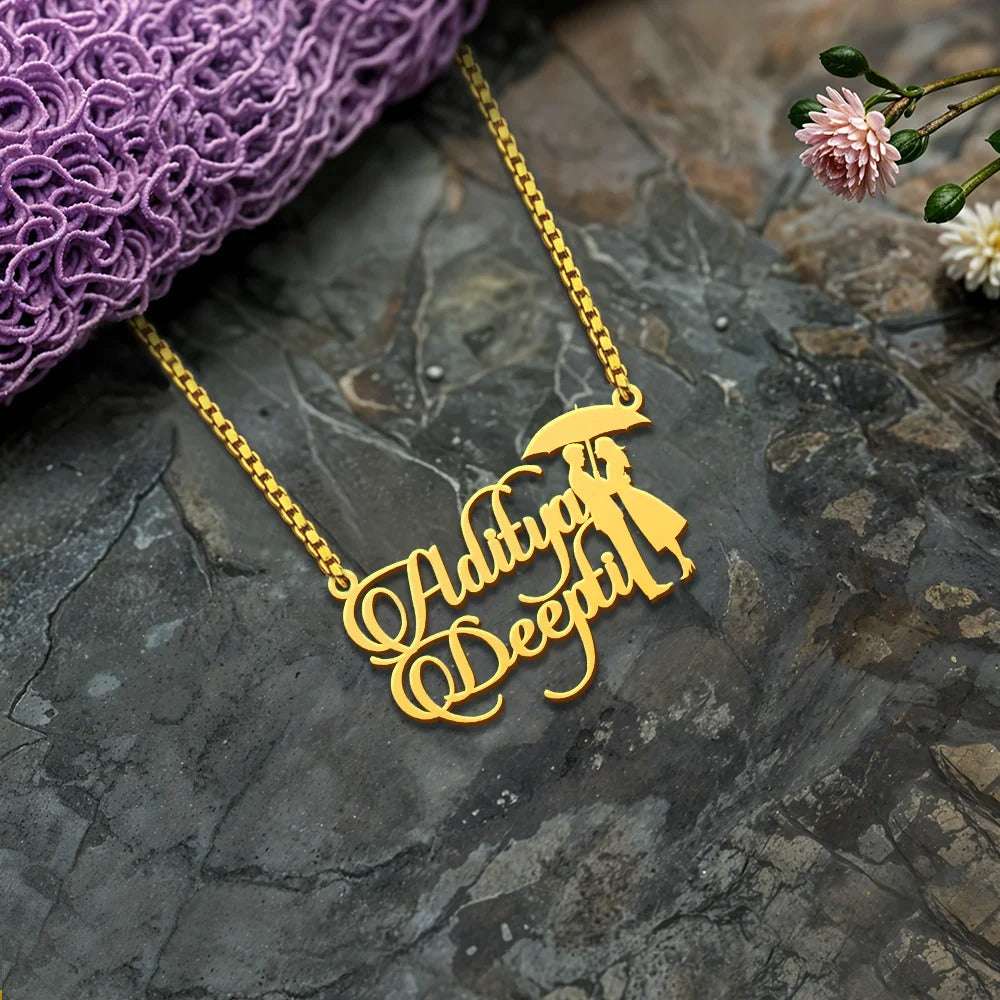 18K Gold Plated Personalised Couple Name Necklace Umbrella