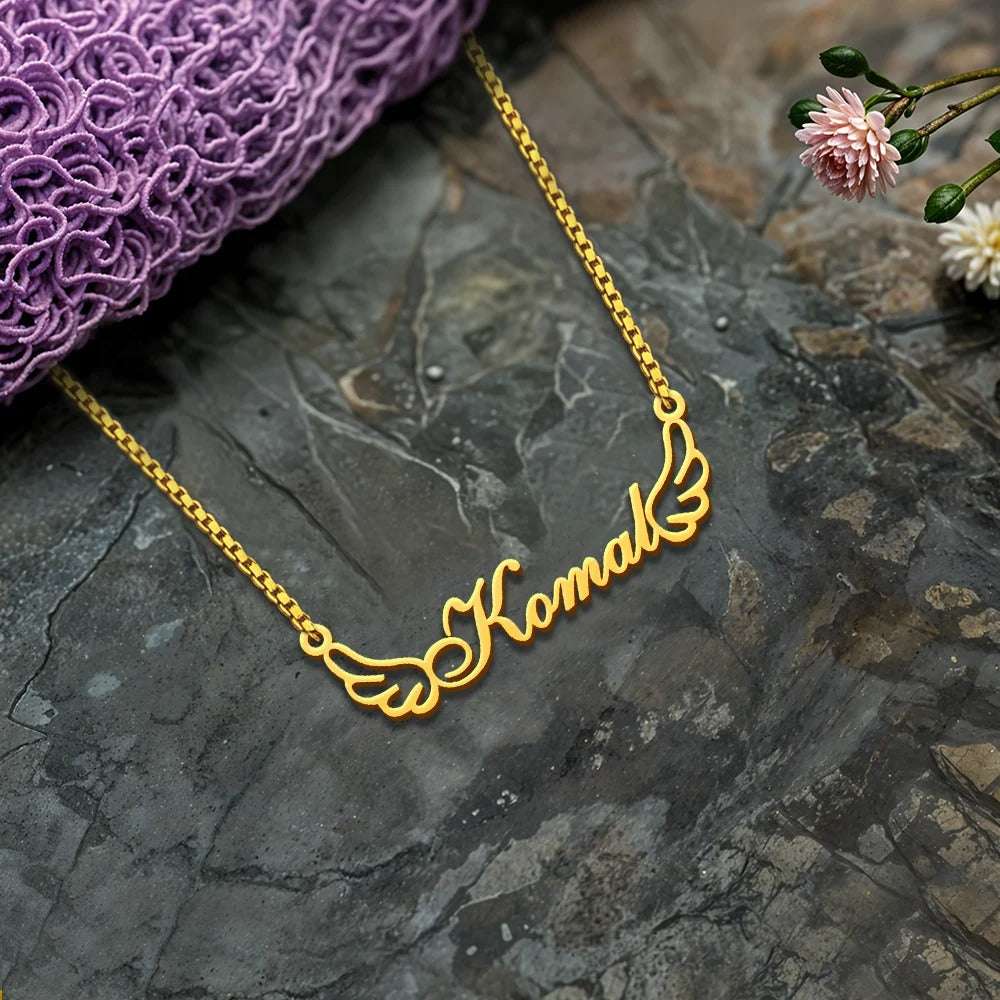 18K Gold Plated Personalised Wings Style Name Necklace