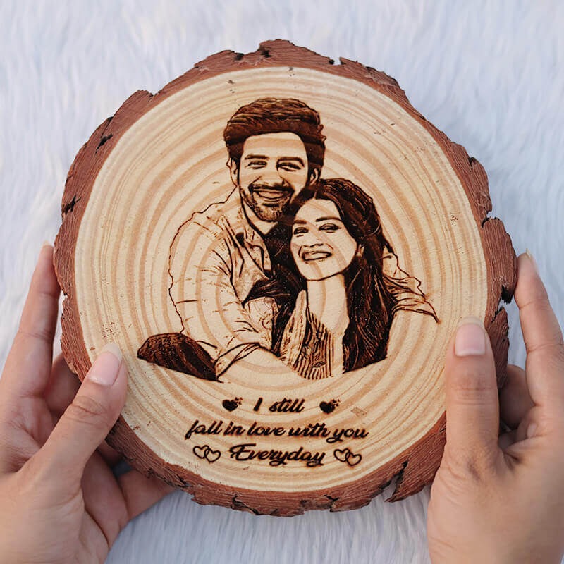 Personalized Natural Wood Round Engraved Photo Frame With Bark - 6 Inch