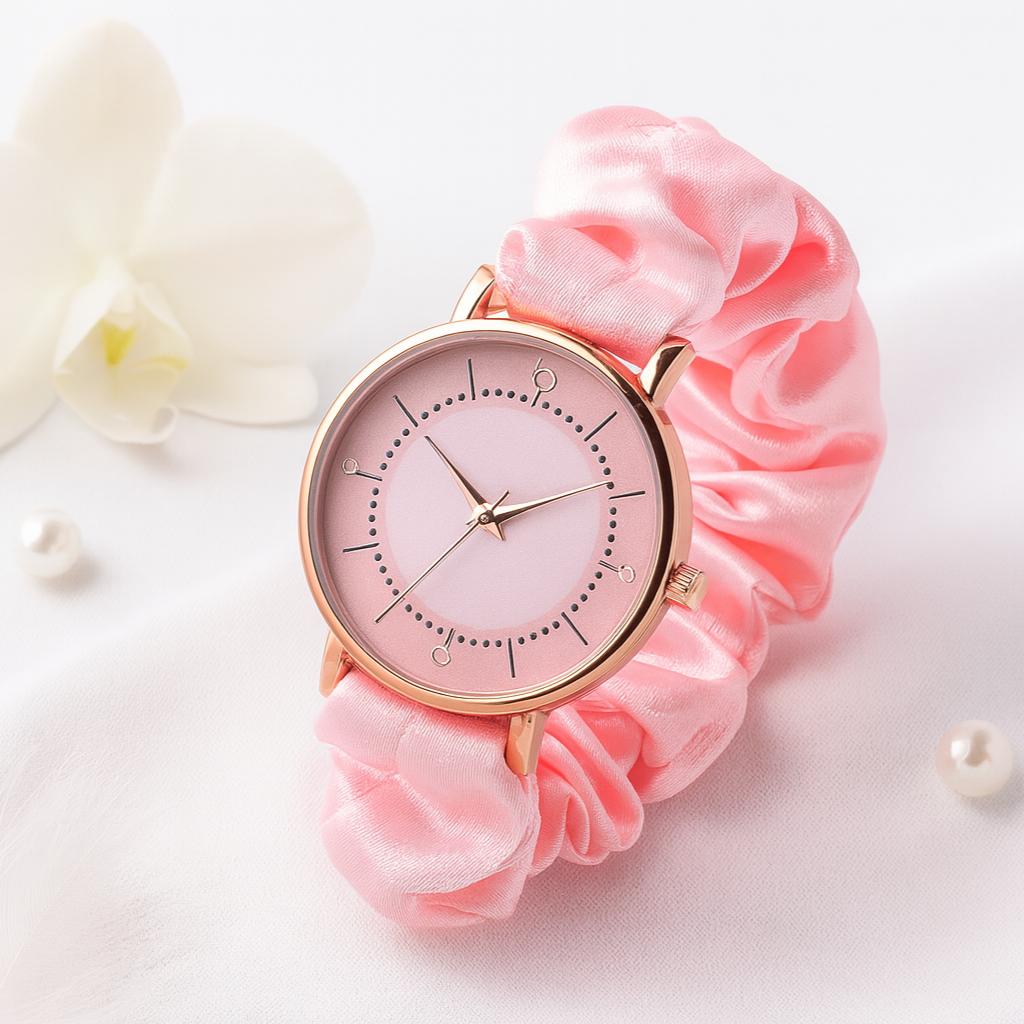 Minimalist pink watch product image with white fabric background