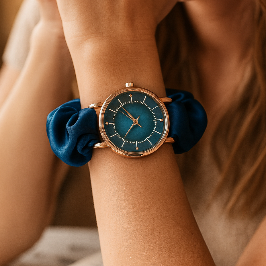UGC-style photo of blue scrunchie watch