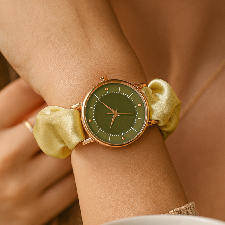UGC-style photo of golden scrunchie watch with green dial