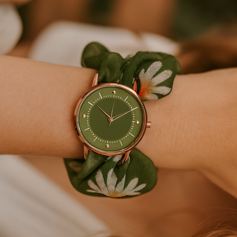UGC-style photo of green floral scrunchie watch