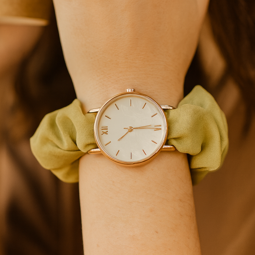 UGC-style photo of olive green scrunchie watch with correct dial