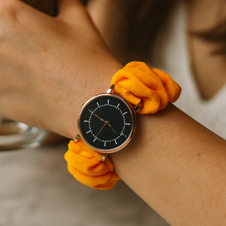 UGC-style photo of orange scrunchie watch with dark face
