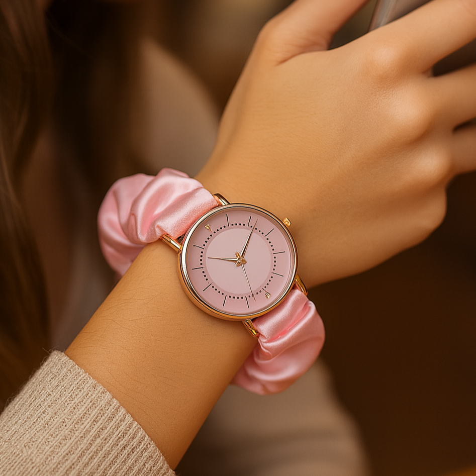 UGC-style photo of pink scrunchie watch