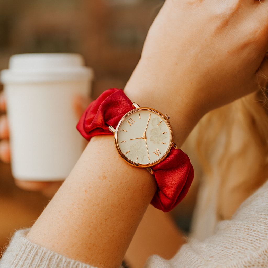 UGC-style photo of red scrunchie watch