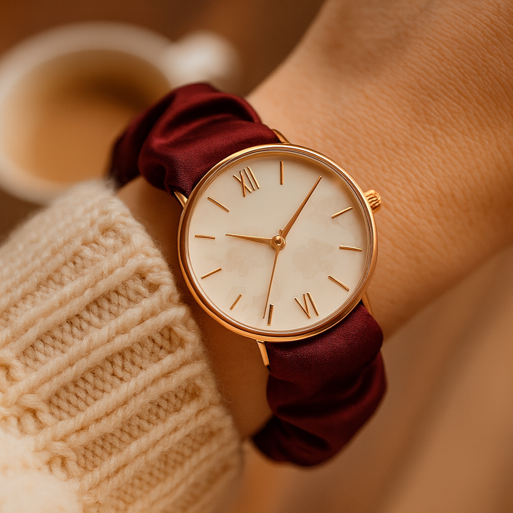UGC style photo of watch with deep purple burgundy shimmer band
