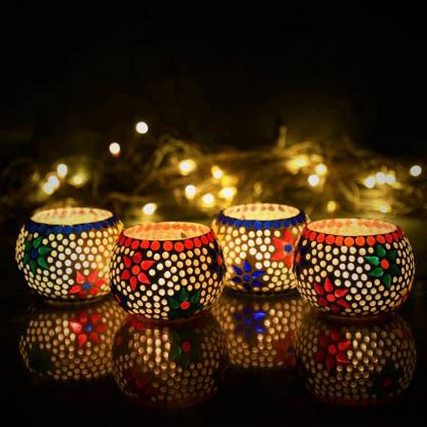 Luminous Mosaic Elegance – Set of 4 Handcrafted Glass Tea Light Holders