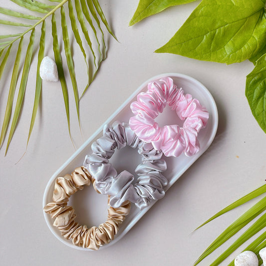 Glam Wrist Pack – Set of 3 Premium Satin Scrunchies (Champagne, Silver Grey & Pearl Pink)