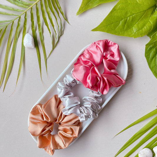 Glam Wrist Pack – Set of 3 Premium Satin Scrunchies (Honeydew, Silver Grey & Flamingo Pink)