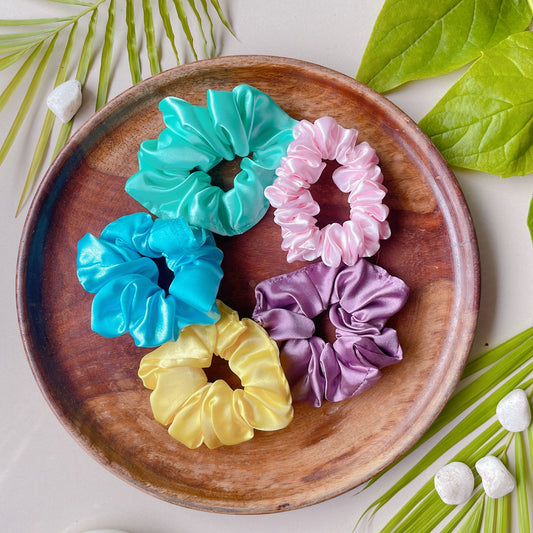 Vibrant Vibes Scrunchies - Set of 5 (Sunshine Yellow, Light Aquamarine, Pearl Pink, Ocean Blue & Rose Dust)