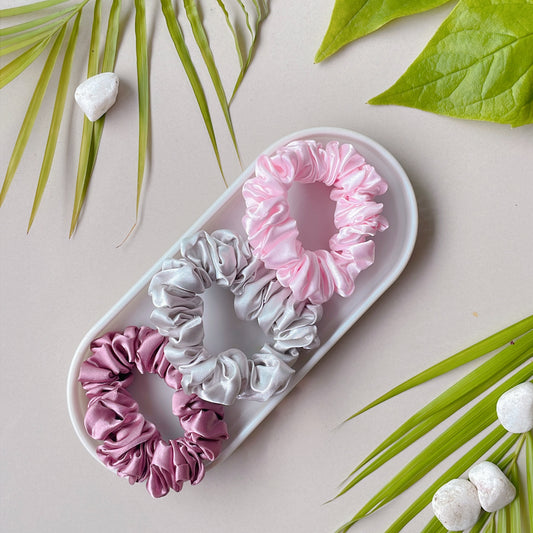 Glam Wrist Pack – Set of 3 Premium Satin Scrunchies (Rose Dust, Silver Grey & Pearl Pink)