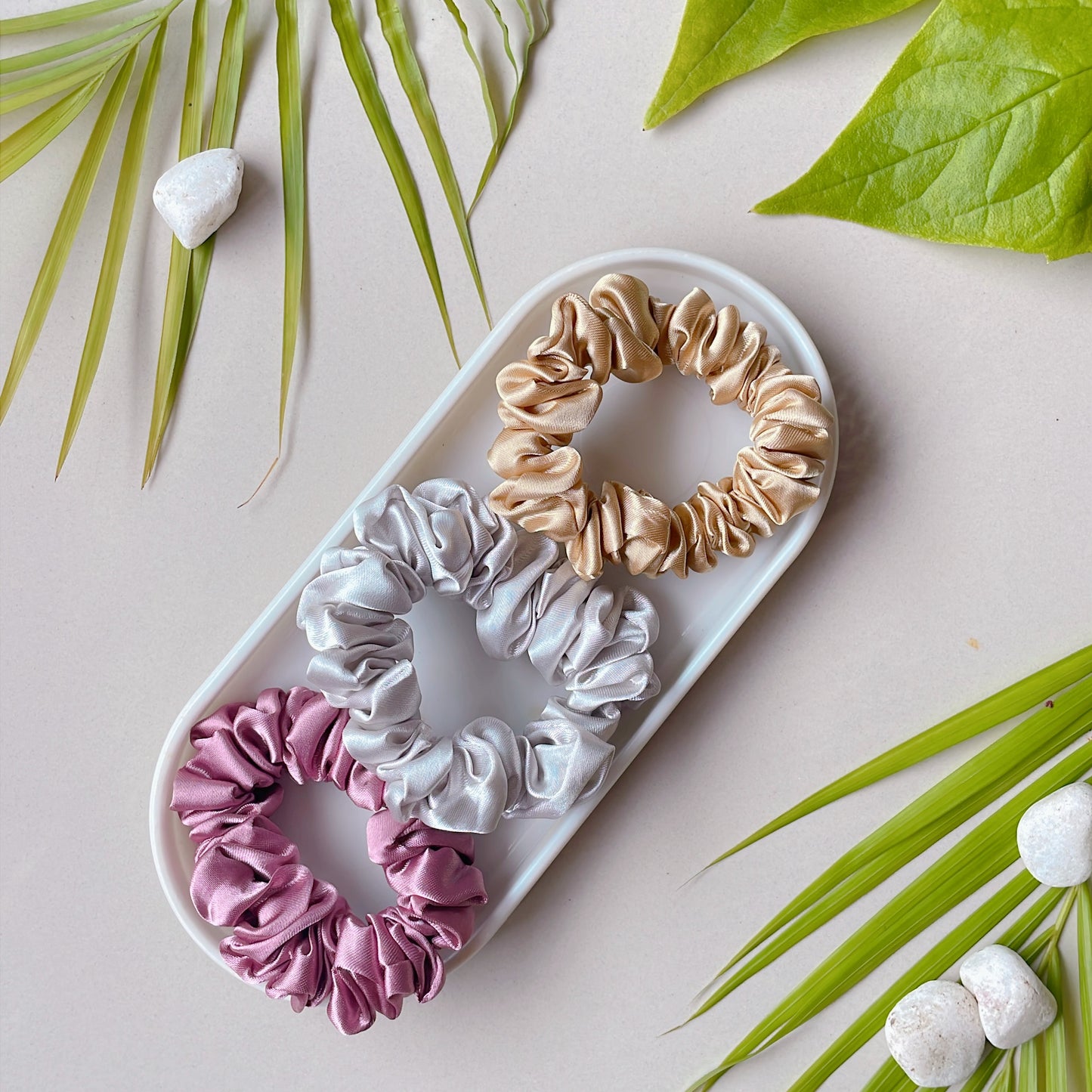 Glam Wrist Pack – Set of 3 Premium Satin Scrunchies (Champagne, Silver Grey & Rose Dust)
