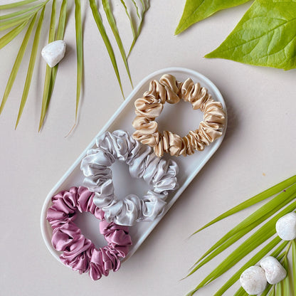 Glam Wrist Pack – Set of 3 Premium Satin Scrunchies (Champagne, Silver Grey & Rose Dust)
