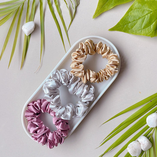Glam Wrist Pack – Set of 3 Premium Satin Scrunchies (Champagne, Silver Grey & Rose Dust)