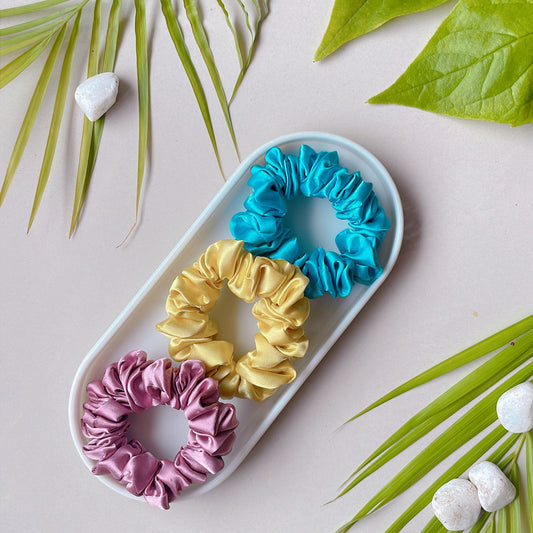 Glam Wrist Pack – Set of 3 Premium Satin Scrunchies (Rose Dust, Ocean Blue & Sunshine Yellow)