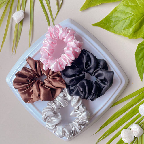 Satin Luxe Scrunchies - Set of 4 (Pearl Pink, Mocha Crush, Jet Black & Moonlight Silver)