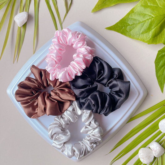 Satin Luxe Scrunchies - Set of 4 (Pearl Pink, Mocha Crush, Jet Black & Moonlight Silver)